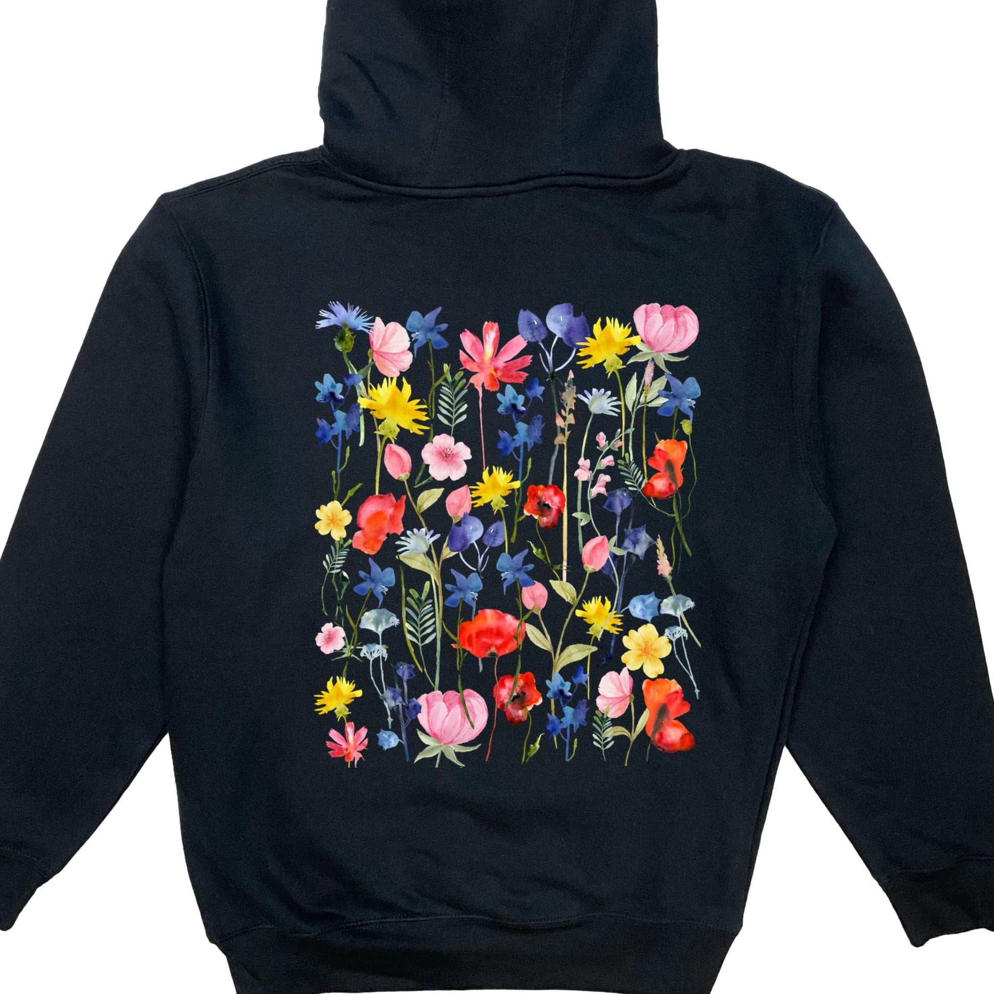 The back of a beautiful wildflower hoodie for flower lovers! It has vibrant flowers on the front, the back, and down both sleeves! 