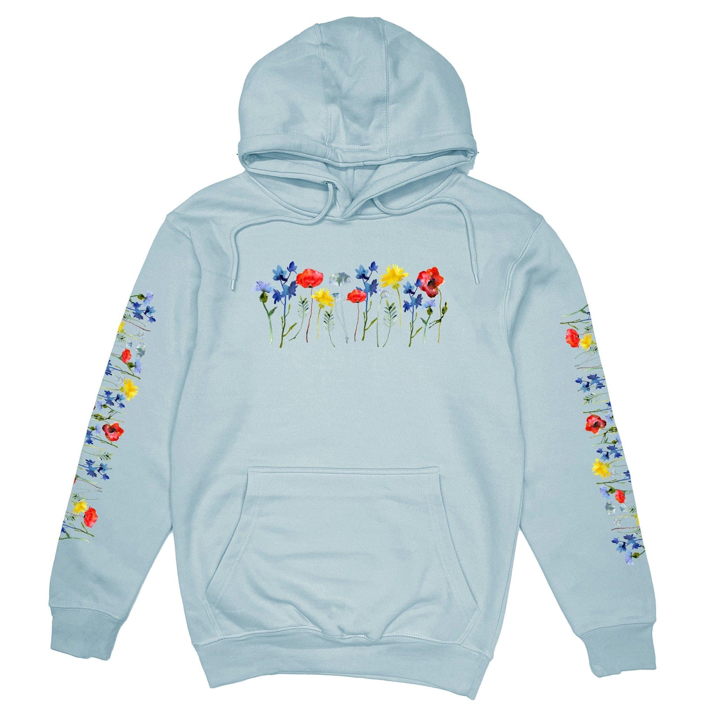Beautiful wildflower light blue hoodie for flower lovers! It has vibrant flowers on the front, the back, and down both sleeves! 