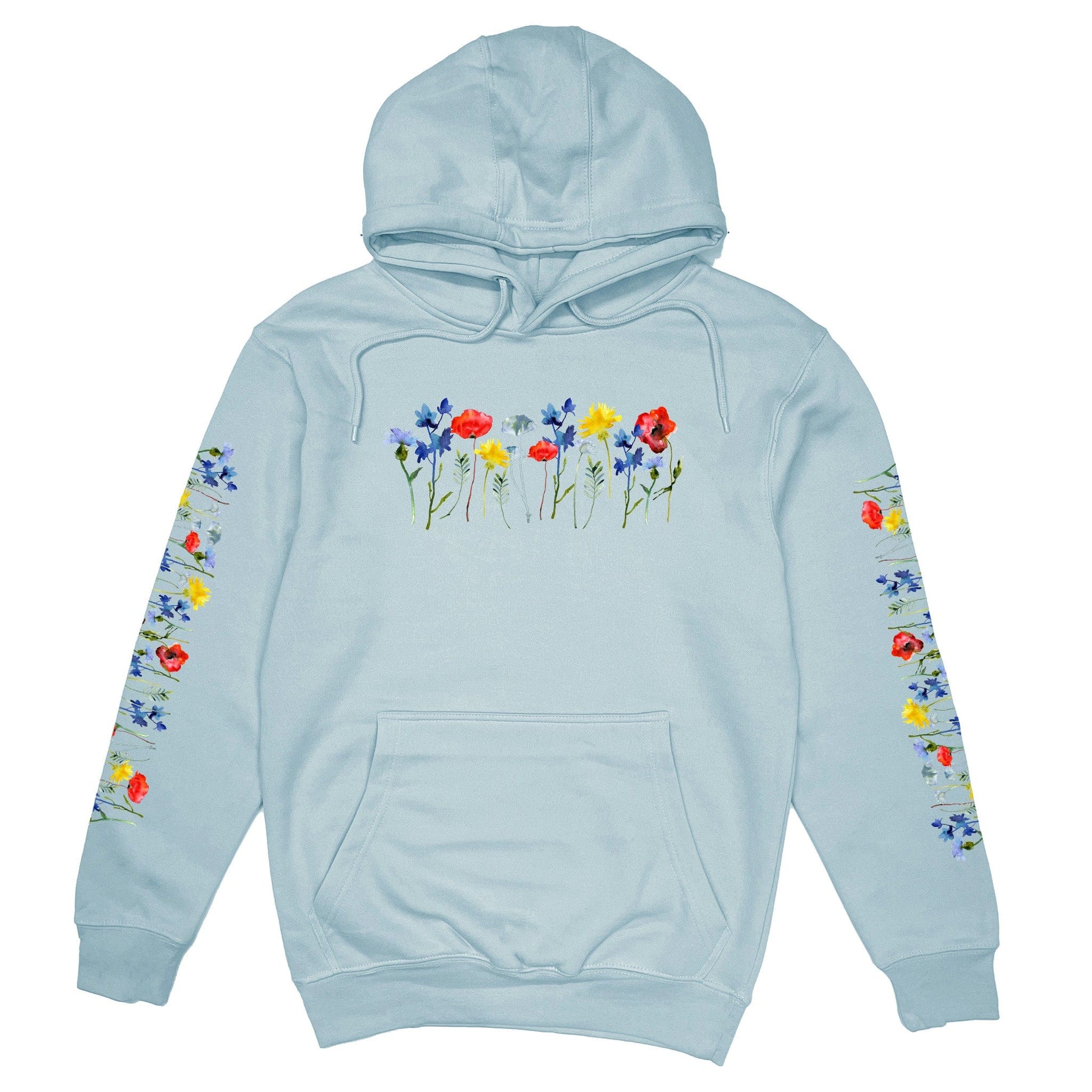 Beautiful wildflower light blue hoodie for flower lovers! It has vibrant flowers on the front, the back, and down both sleeves! 