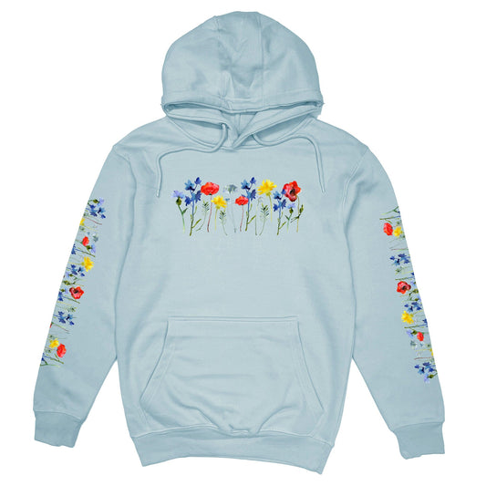 Beautiful wildflower light blue hoodie for flower lovers! It has vibrant flowers on the front, the back, and down both sleeves! 