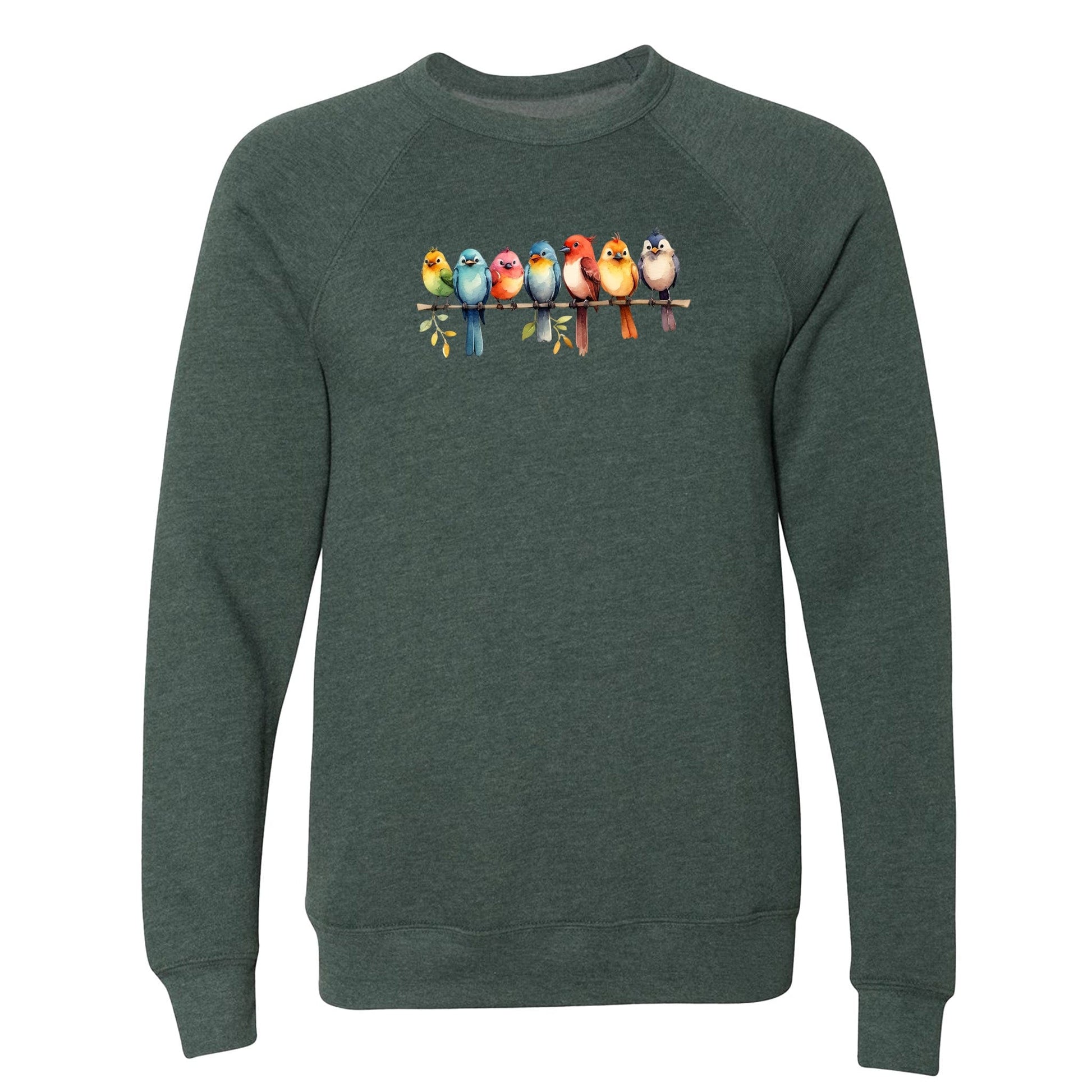 A cute bird sweatshirt for nature lovers that has a row of colorful birds sitting on a tree branch.