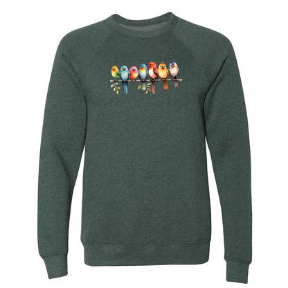 A cute bird sweatshirt for nature lovers that has a row of colorful birds sitting on a tree branch.