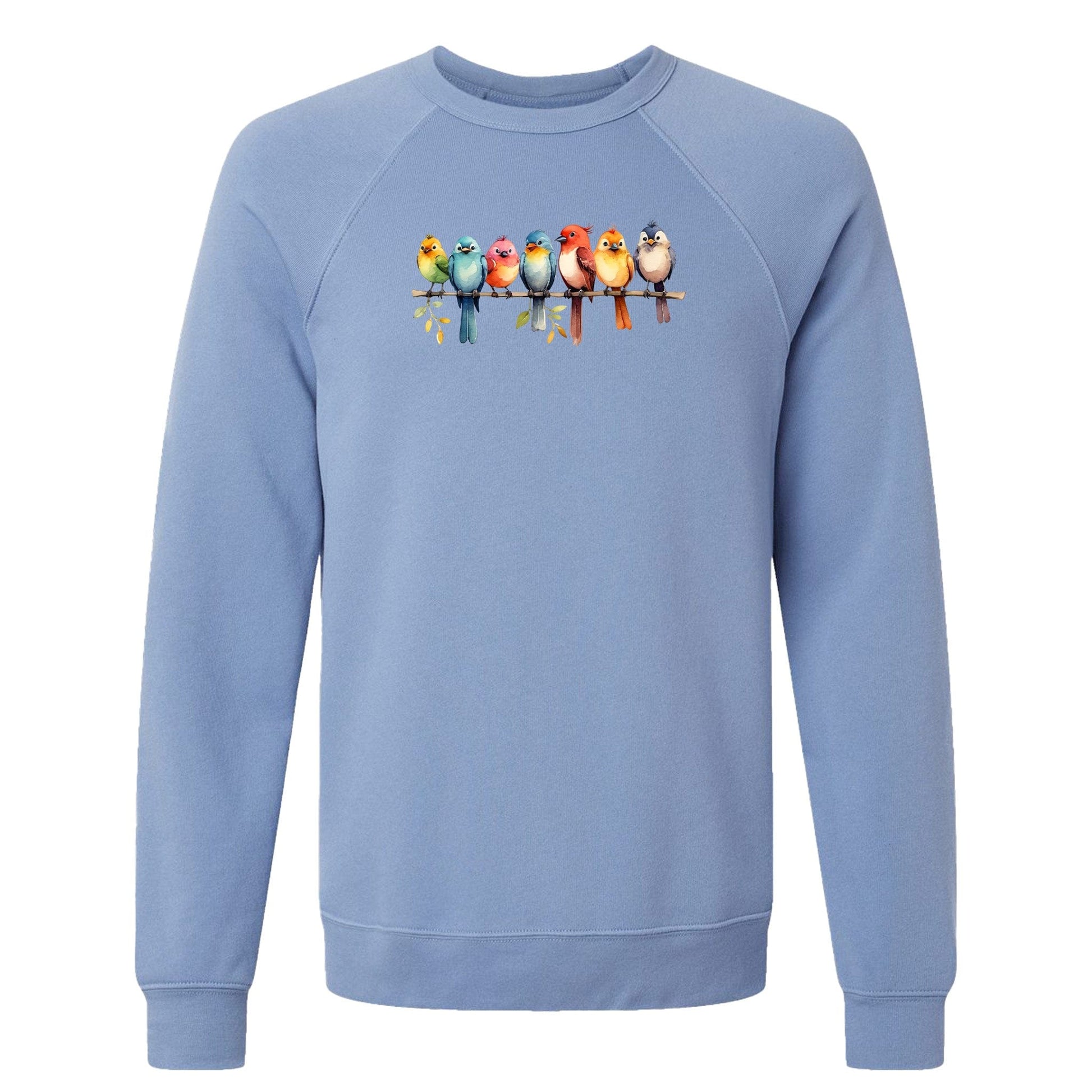 A cute, women's bird sweatshirt that has a row of colorful birds sitting on a tree branch.