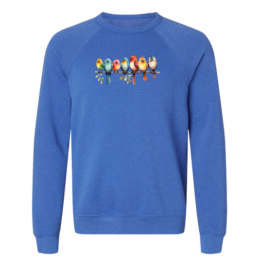 A cute bird sweatshirt for nature lovers that has a row of colorful birds sitting on a tree branch.