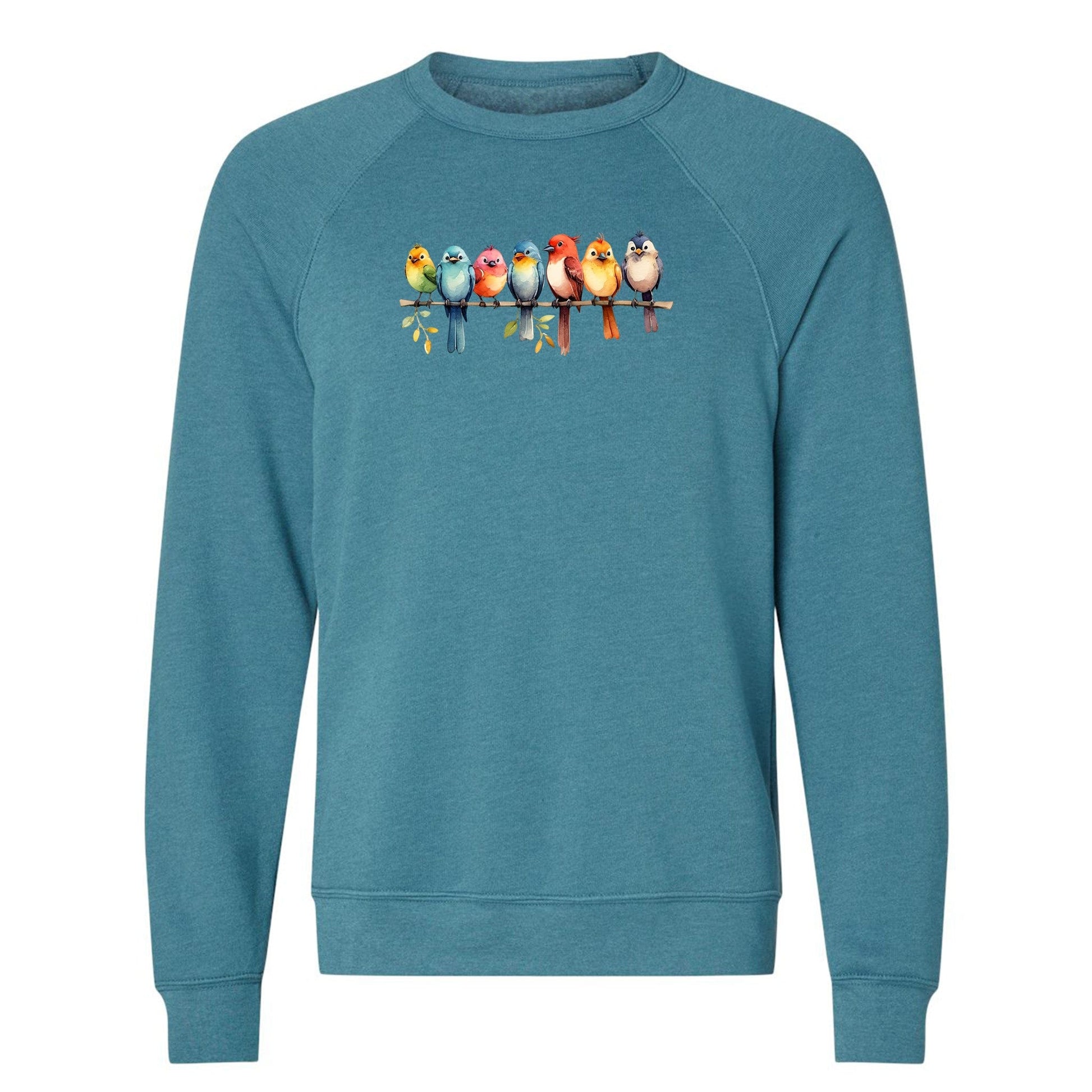 A cute bird sweatshirt for nature lovers that has a row of colorful birds sitting on a tree branch.
