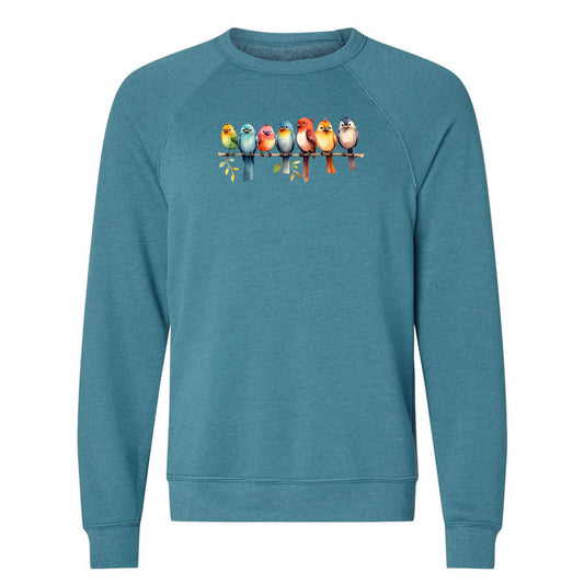 A cute bird sweatshirt for nature lovers that has a row of colorful birds sitting on a tree branch.