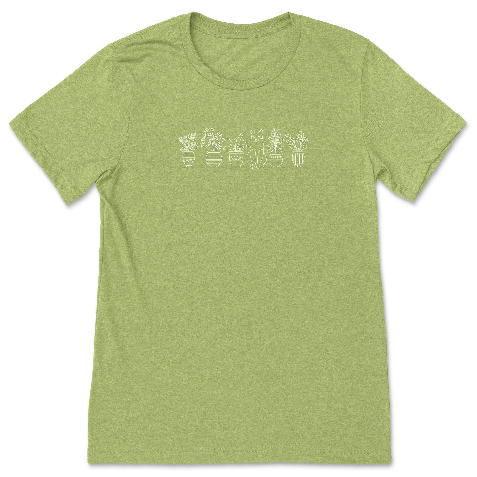 A cute, bright green, plant t-shirt that has a simple line art drawing of potted plants on a shelf with a cat sitting between them - a great gift for plant lovers and gardeners!