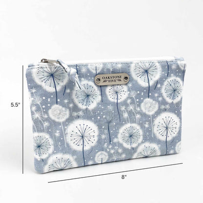 Measurements for a zipper pouch with dandelion pattern and 'Oakstone Five' branding on a white background