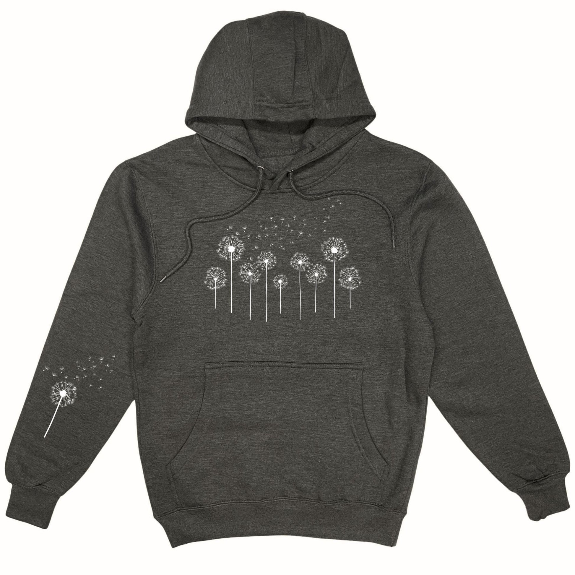 Dark gray hoodie with dandelion graphic on a white background
