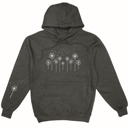 Dark gray hoodie with dandelion graphic on a white background