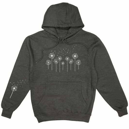 Dark gray hoodie with dandelion graphic on a white background