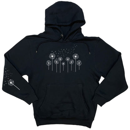 Navy hoodie with dandelion graphic on a white background