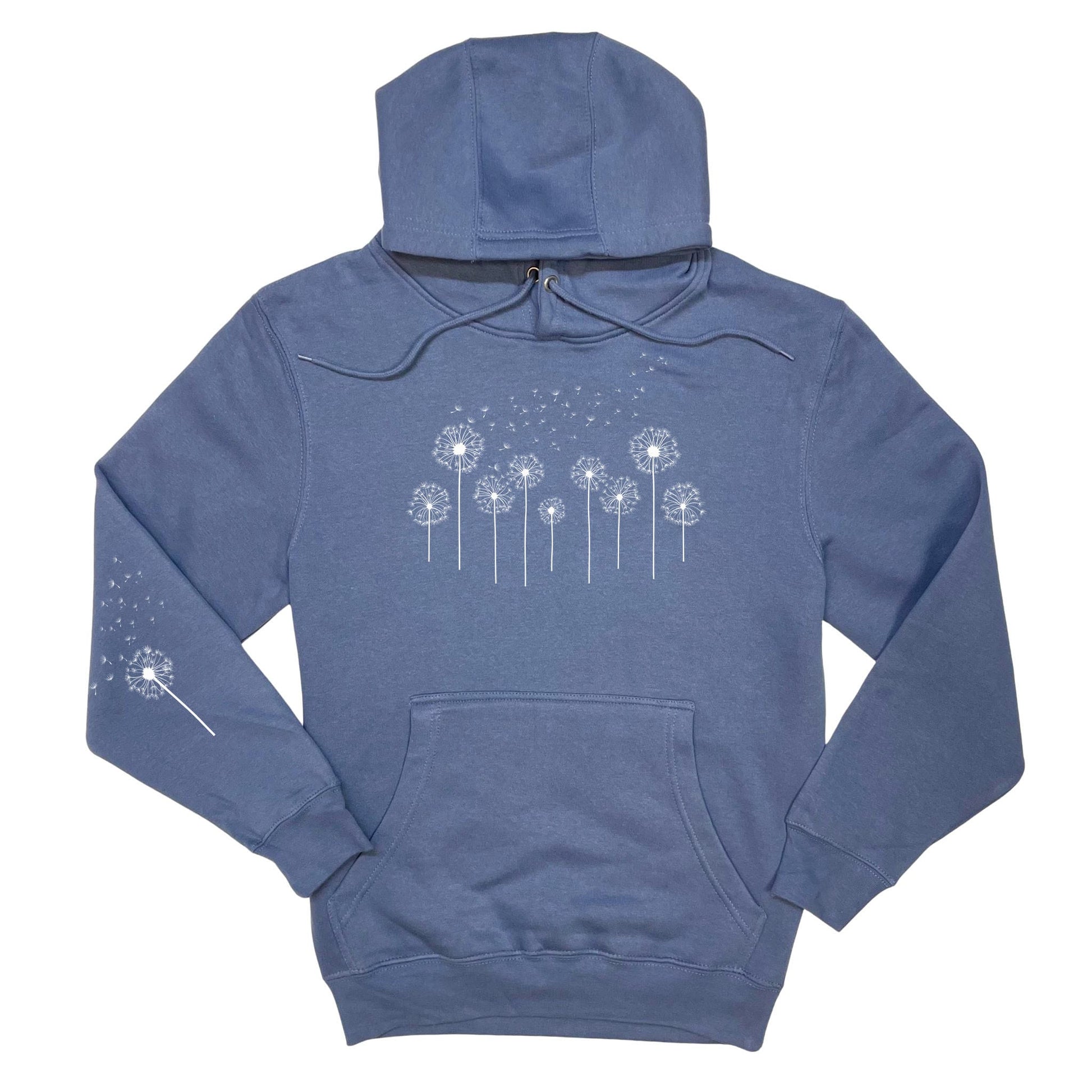 Periwinkle hoodie with dandelion graphic on a white background