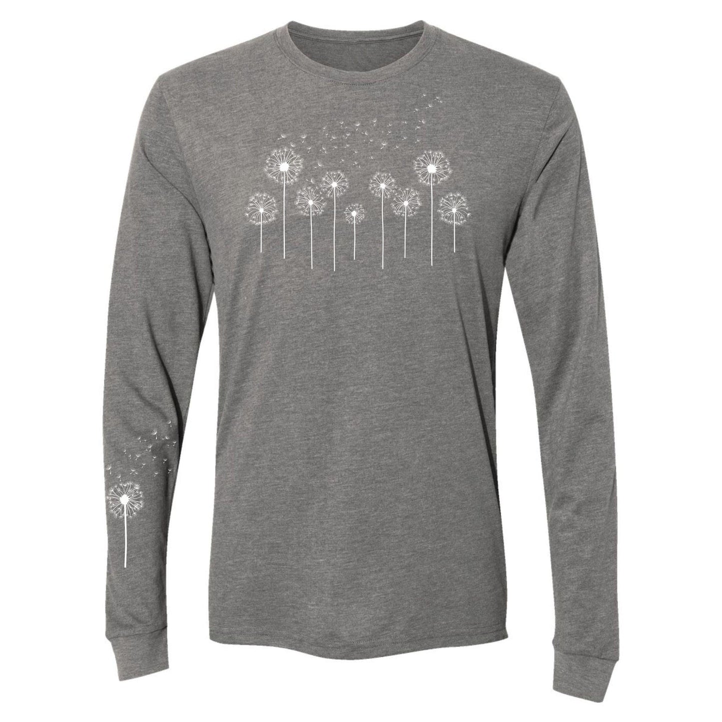Gray long-sleeve shirt with dandelion graphic on a white background