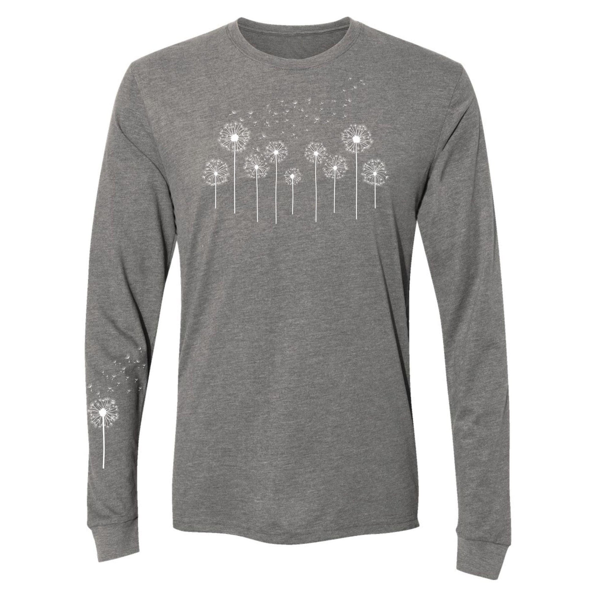 Gray long-sleeve shirt with dandelion graphic on a white background