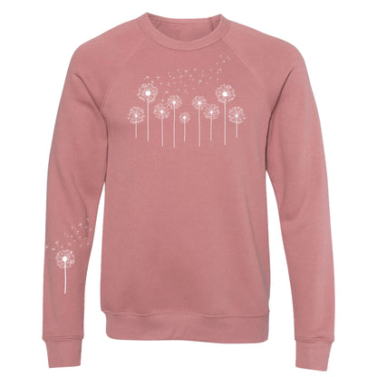 Mauve sweatshirt with white dandelion graphics on a white background