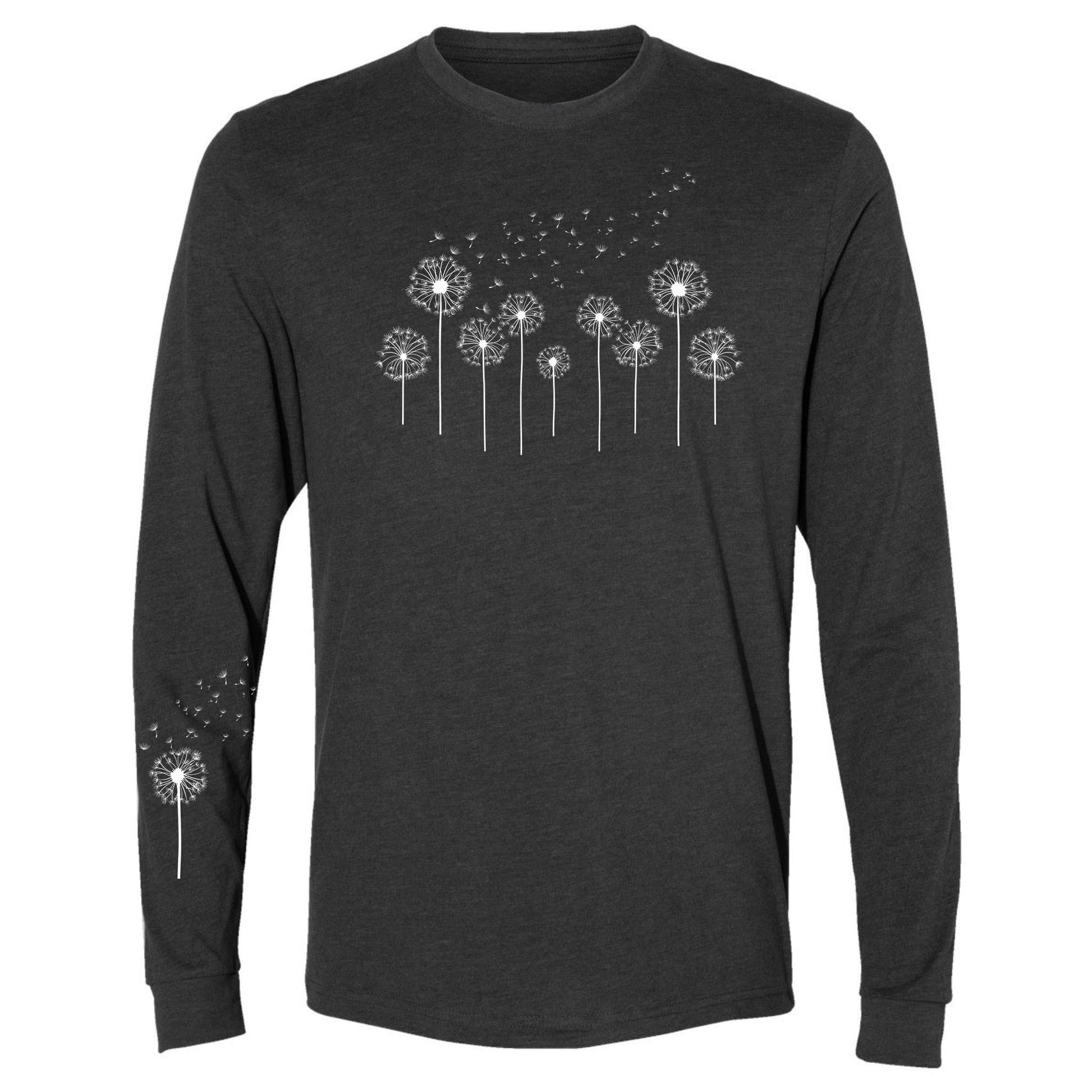 Dark Grey long-sleeve shirt with white dandelion graphic on a white background