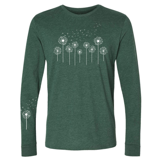Green long-sleeve shirt with white dandelion graphic on a white background