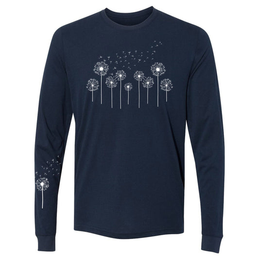 Navy long-sleeve shirt with white dandelion graphic on a white background