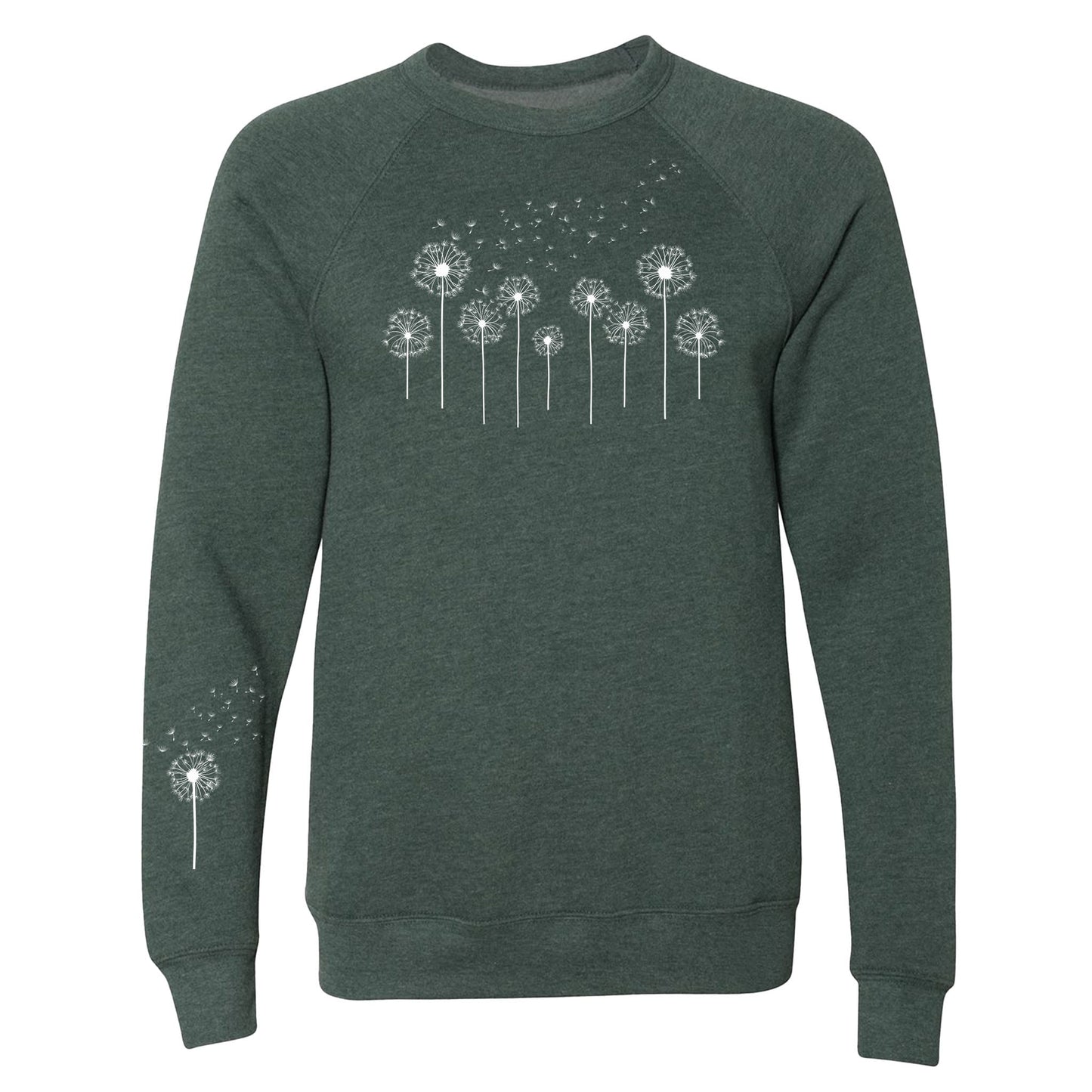 Green sweatshirt with dandelion graphic on a white background