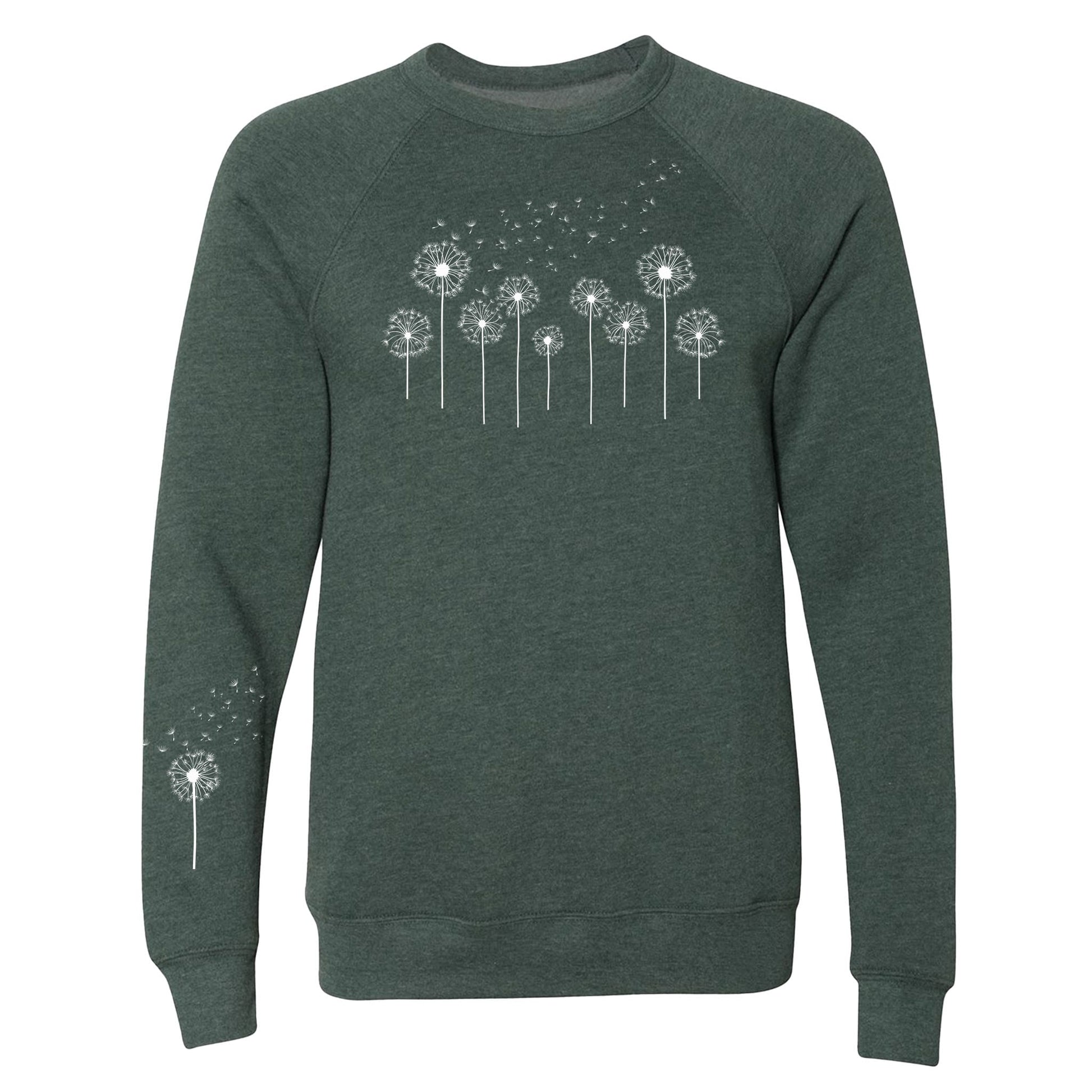 Green sweatshirt with dandelion graphic on a white background