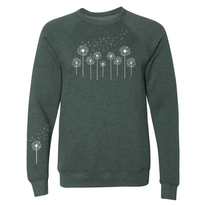 Green sweatshirt with dandelion graphic on a white background