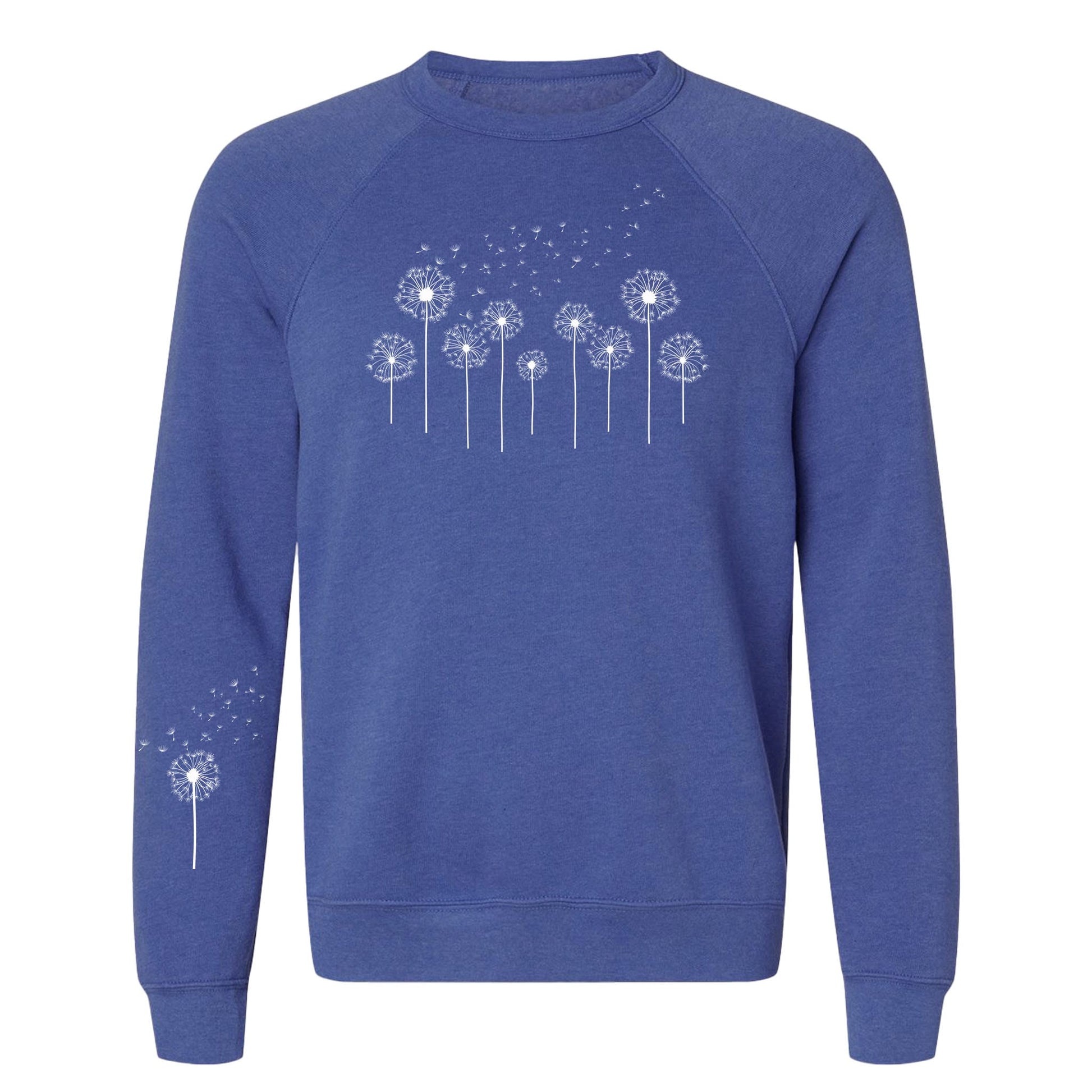 Blue sweatshirt with white dandelion graphics on a white background