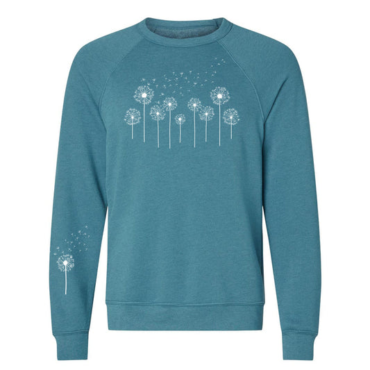 Teal sweatshirt with white dandelion graphic on a white background