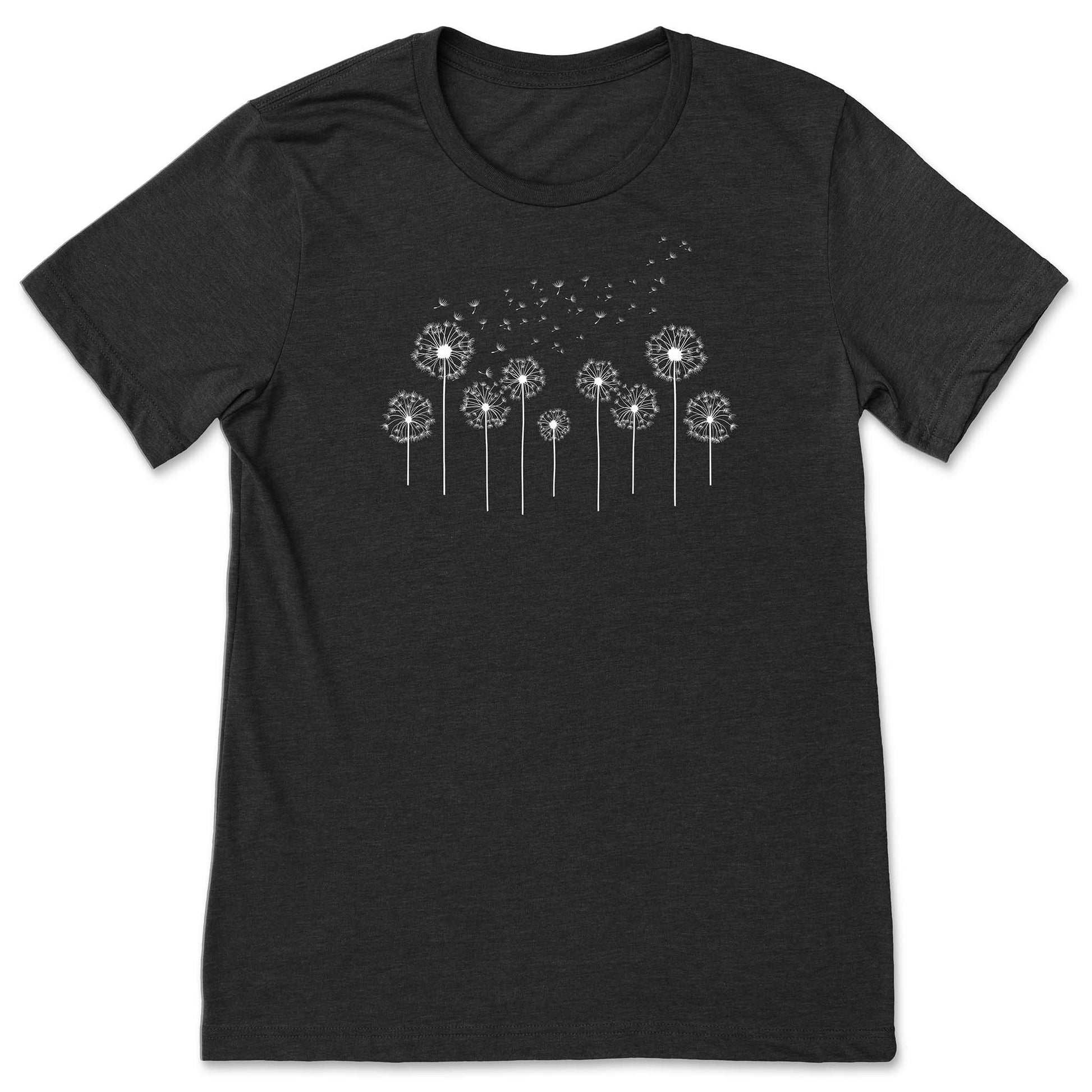 Black t-shirt with white dandelion graphic on a white background