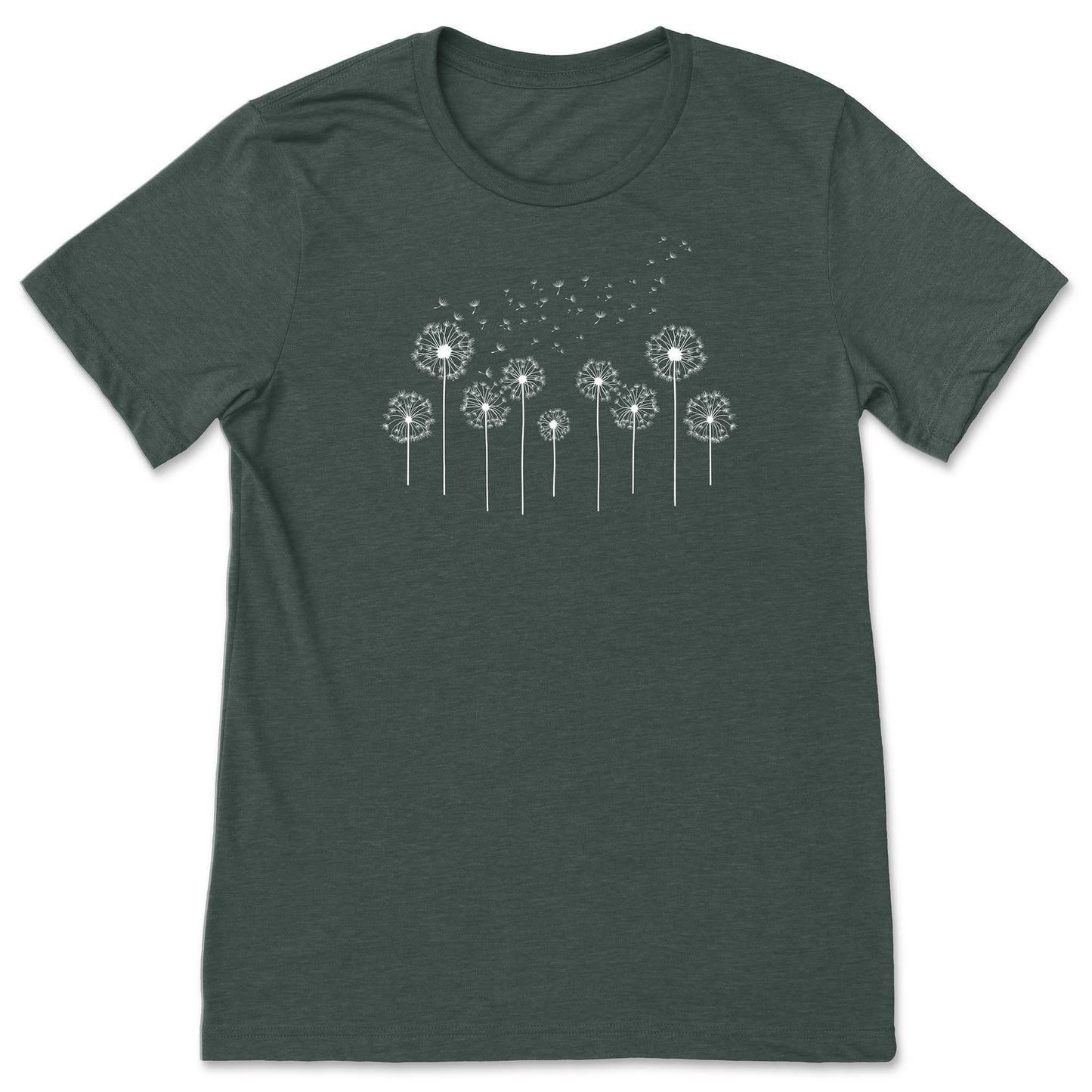 Forest Green t-shirt with white dandelion graphic on a white background