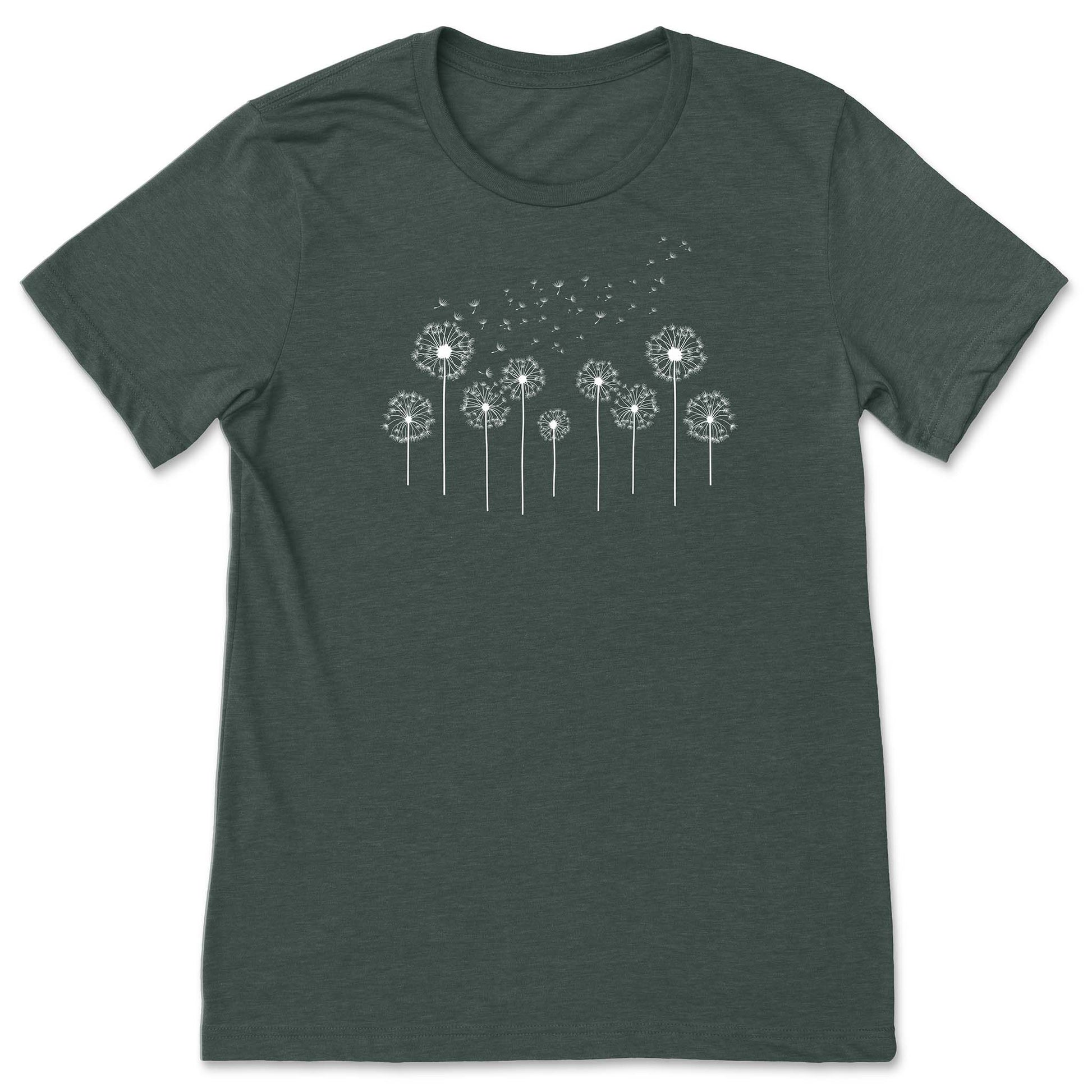 Forest Green t-shirt with white dandelion graphic on a white background