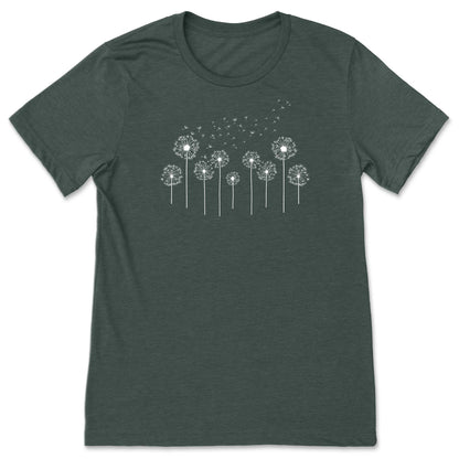 Forest Green t-shirt with white dandelion graphic on a white background