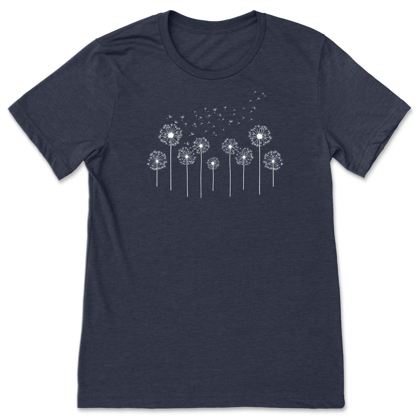 Navy t-shirt with white dandelion graphic on a white background