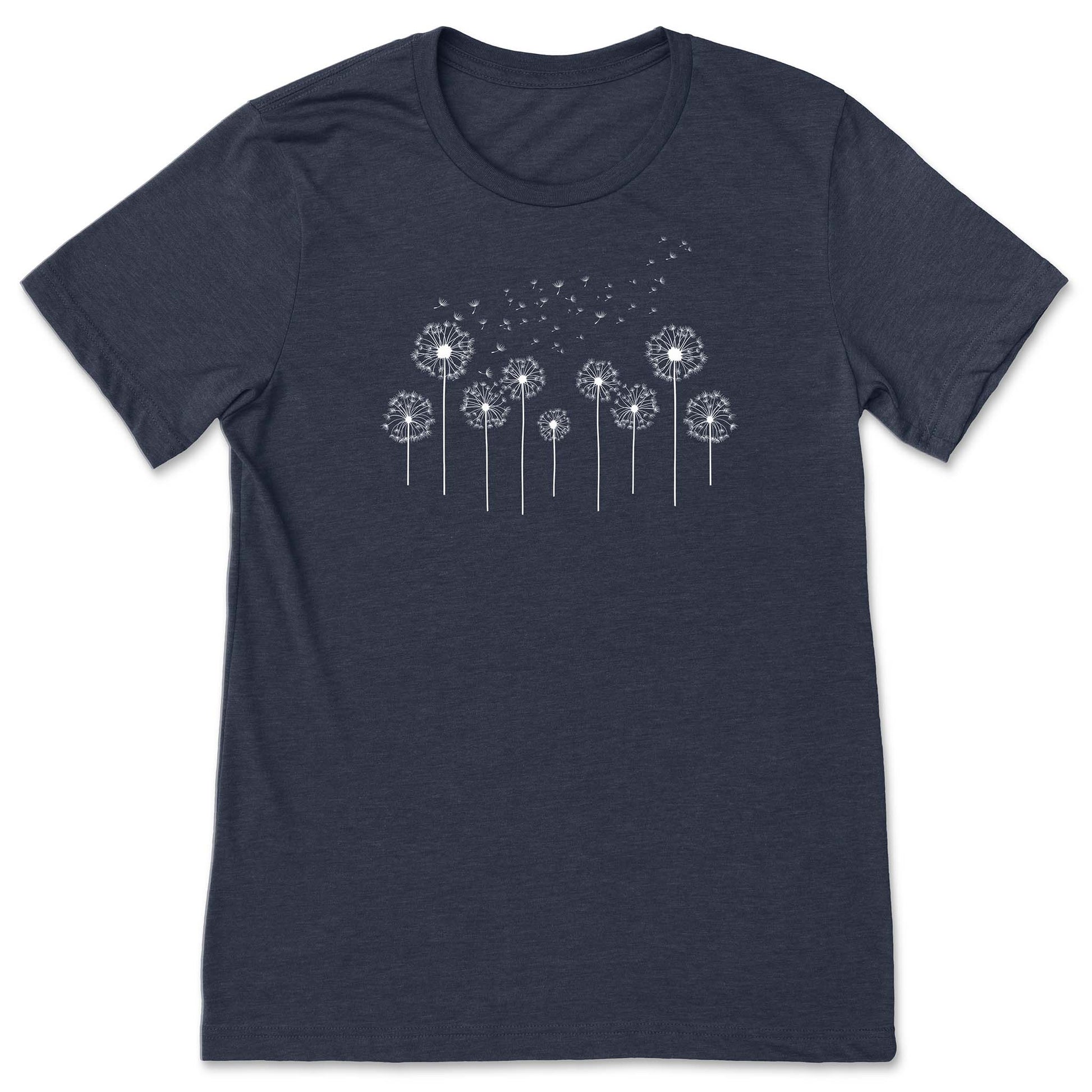 Navy t-shirt with white dandelion graphic on a white background