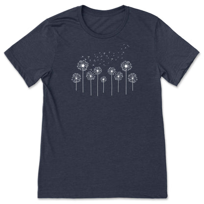 Navy t-shirt with white dandelion graphic on a white background
