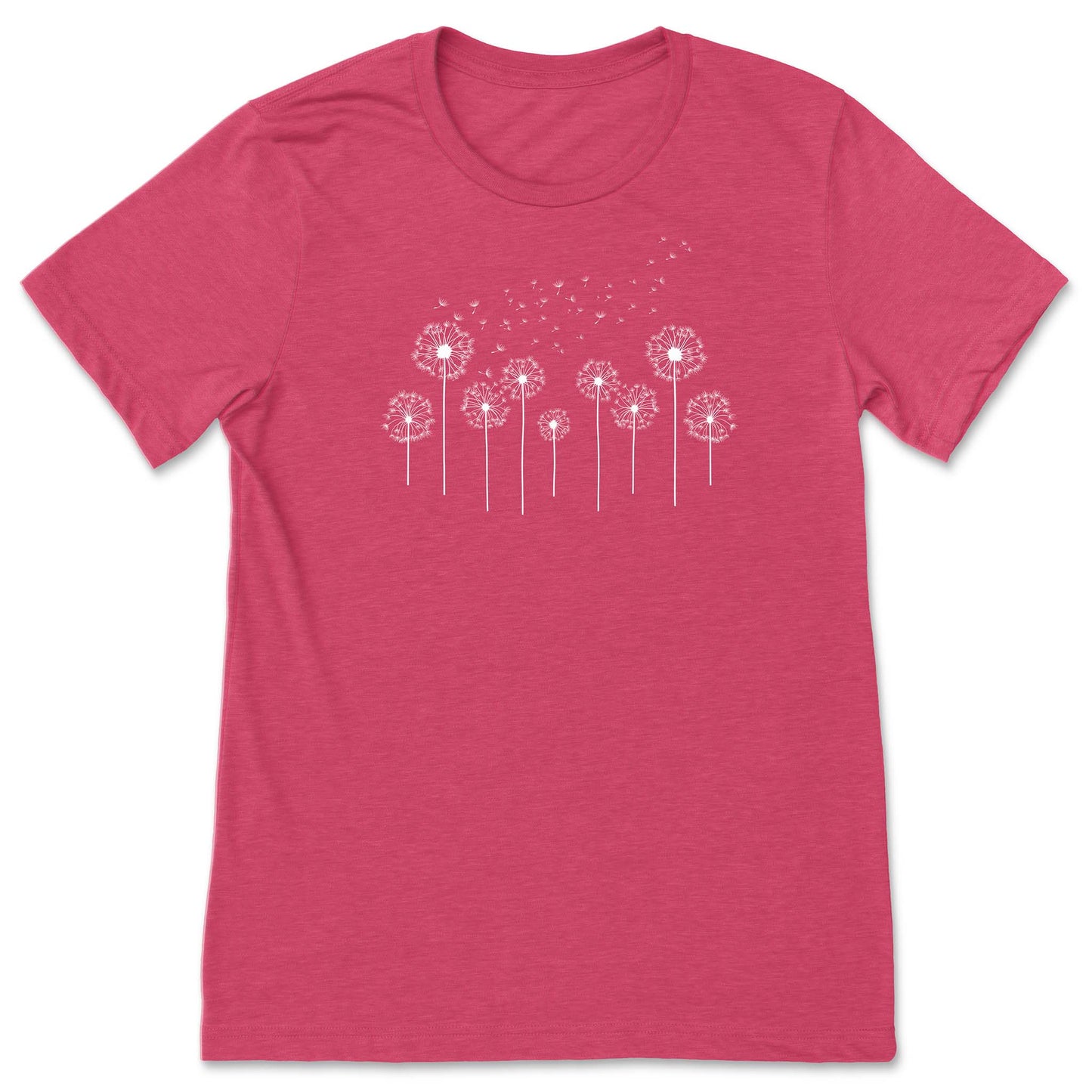 Pink t-shirt with white dandelion graphic on a white background