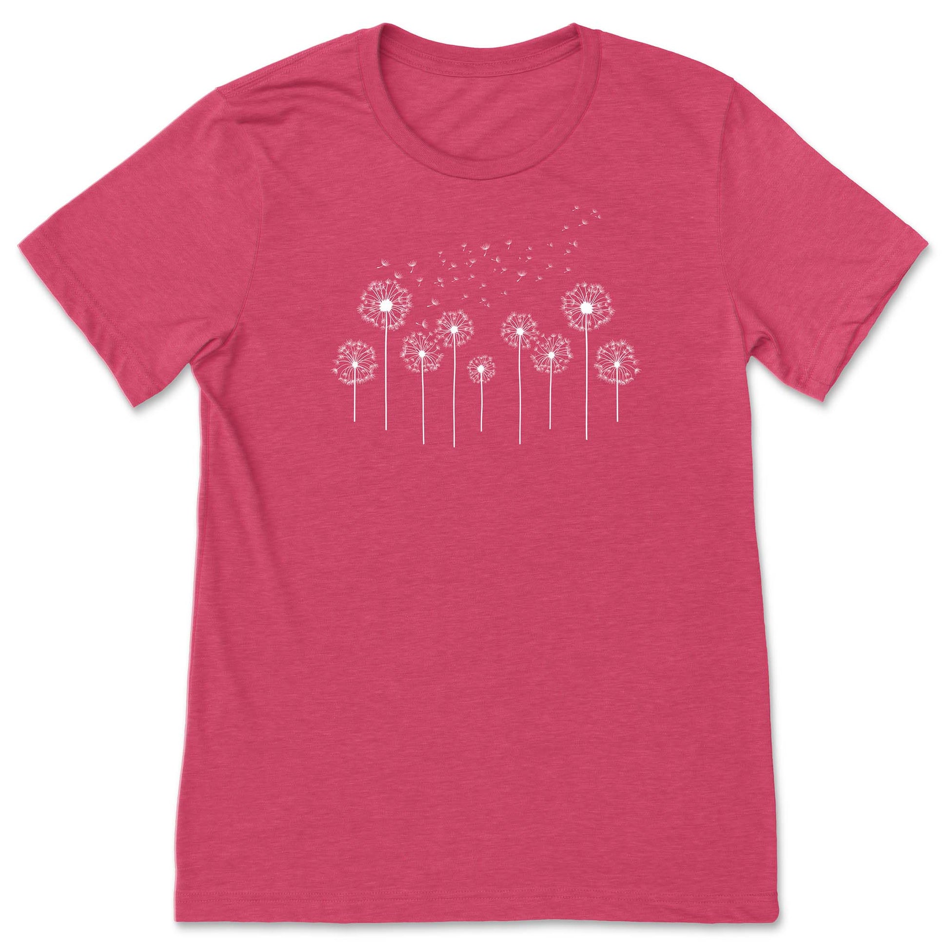 Pink t-shirt with white dandelion graphic on a white background