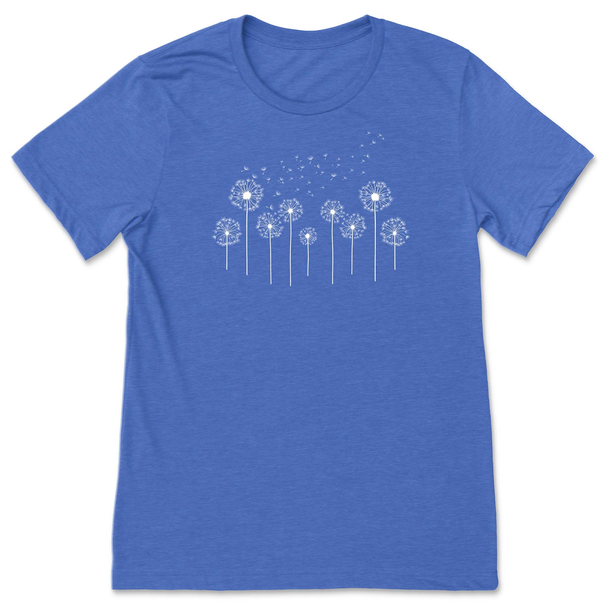 Blue t-shirt with white dandelion graphic on a white background