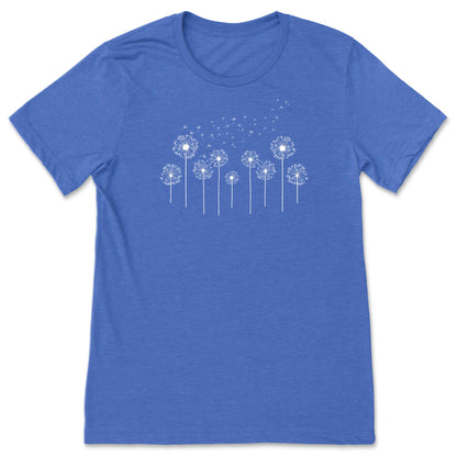 Blue t-shirt with white dandelion graphic on a white background