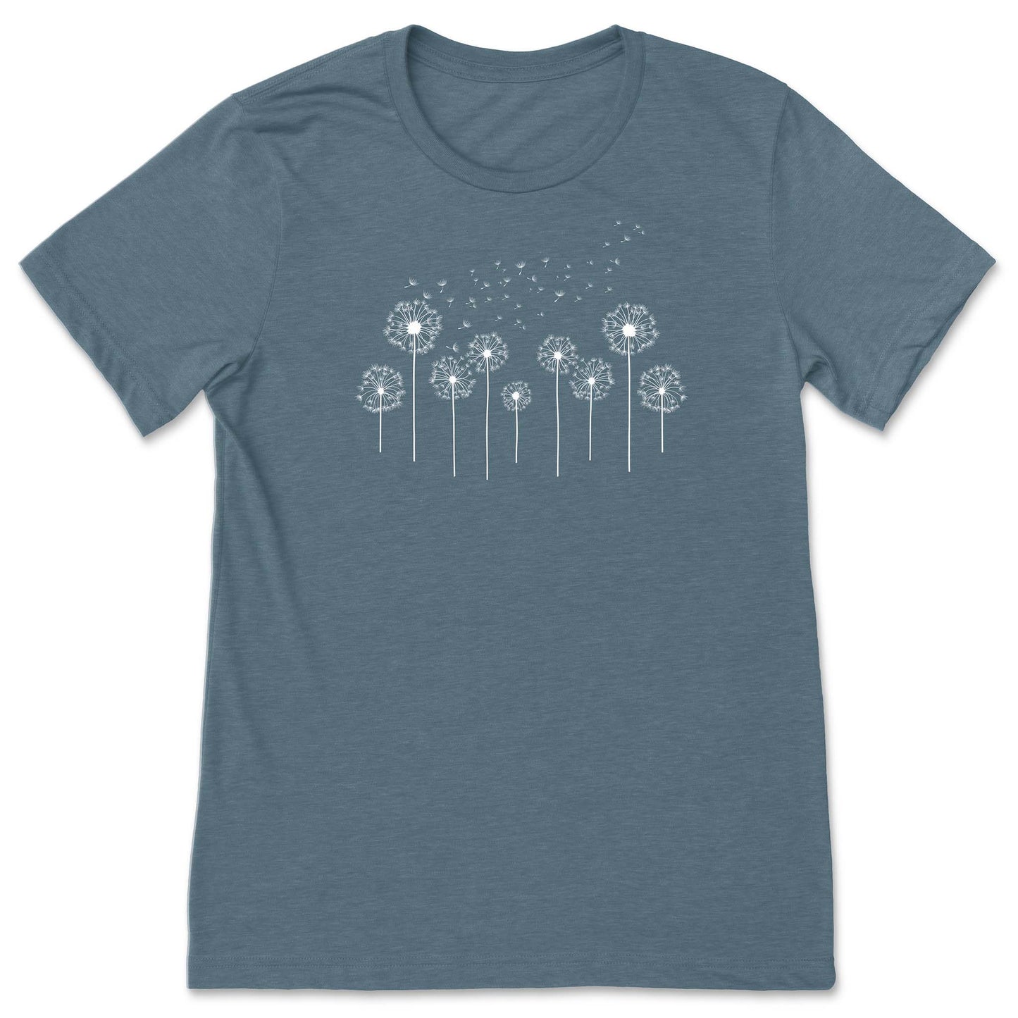 Slate blue t-shirt with white dandelion graphic on a white background