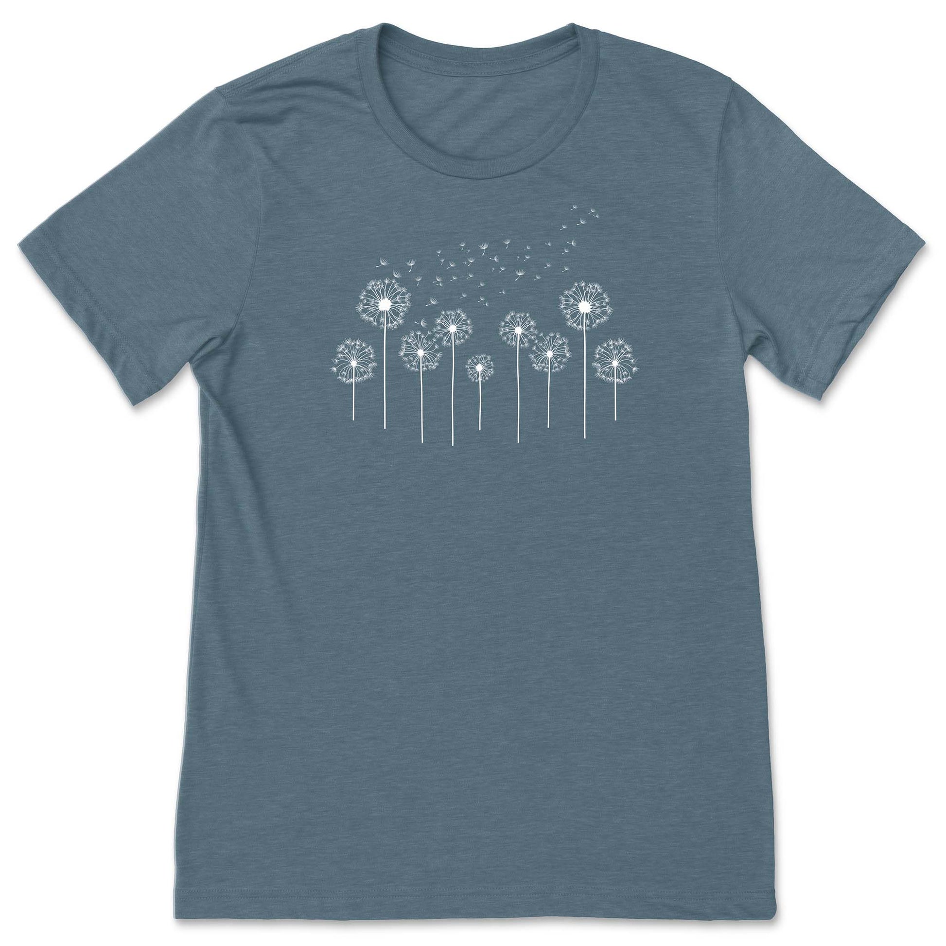 Slate blue t-shirt with white dandelion graphic on a white background