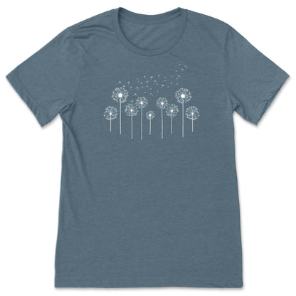Slate blue t-shirt with white dandelion graphic on a white background
