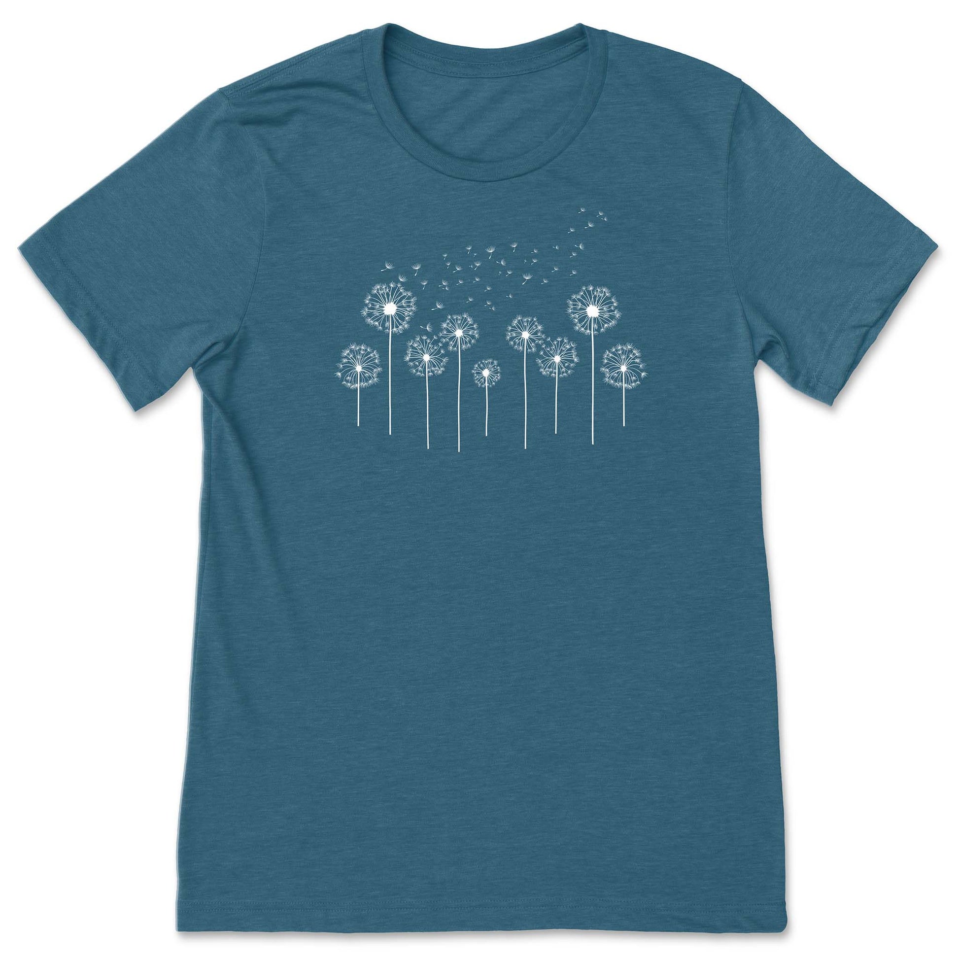 Teal t-shirt with white dandelion graphic on a white background