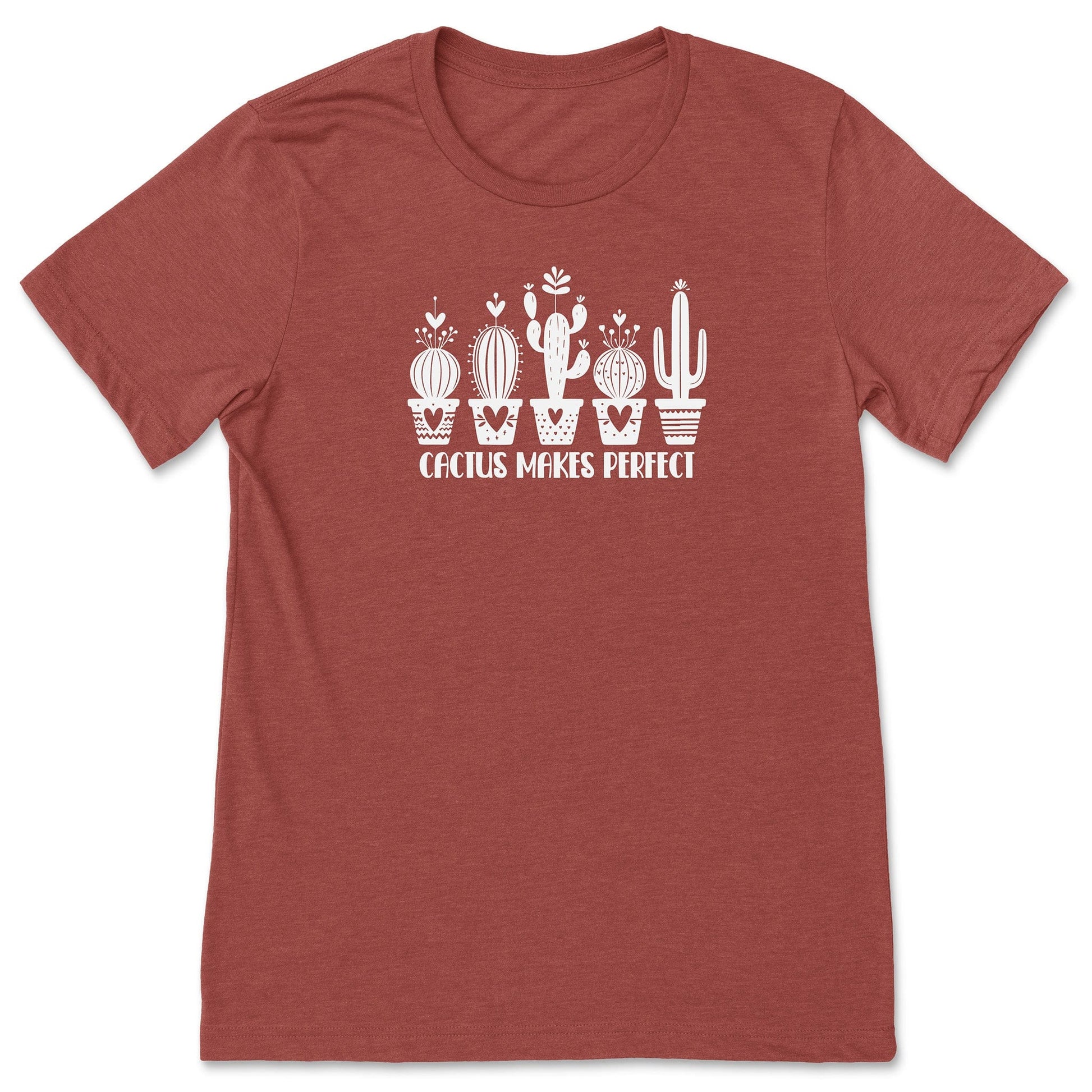 A clay-colored, funny cactus t-shirt for plant lovers, that says "Cactus Makes Perfect."