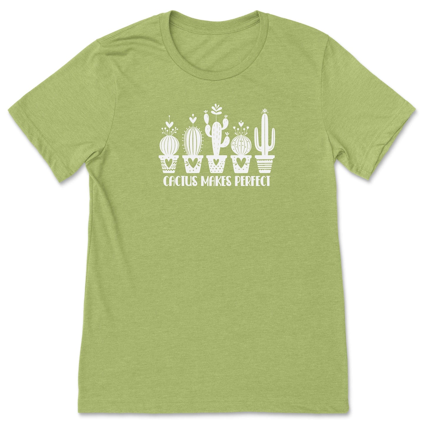 A green, funny cactus t-shirt for plant lovers, that says "Cactus Makes Perfect."