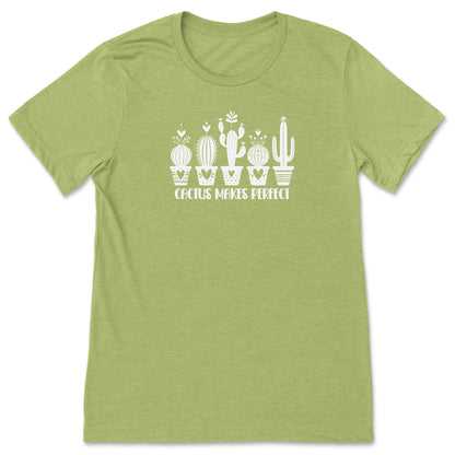 A green, funny cactus t-shirt for plant lovers, that says "Cactus Makes Perfect."