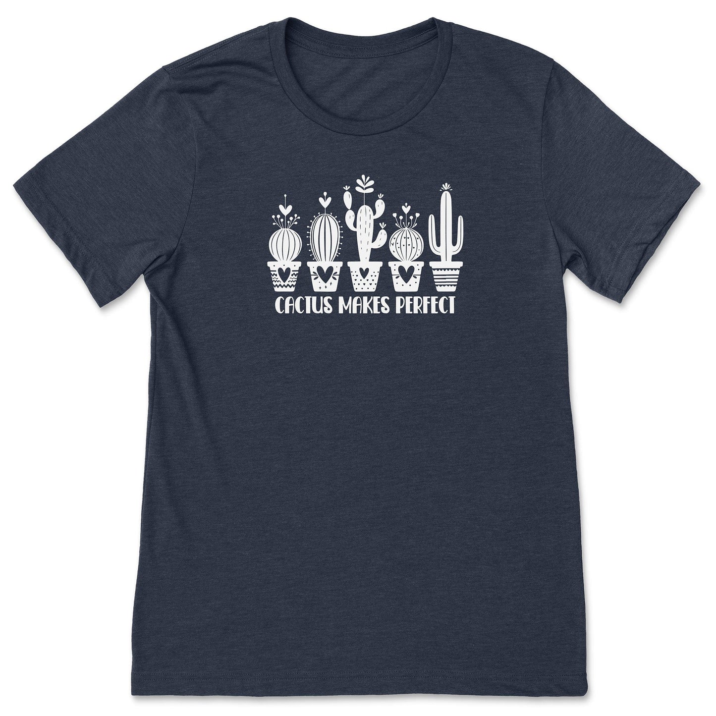 A navy, funny cactus t-shirt for plant lovers, that says "Cactus Makes Perfect."