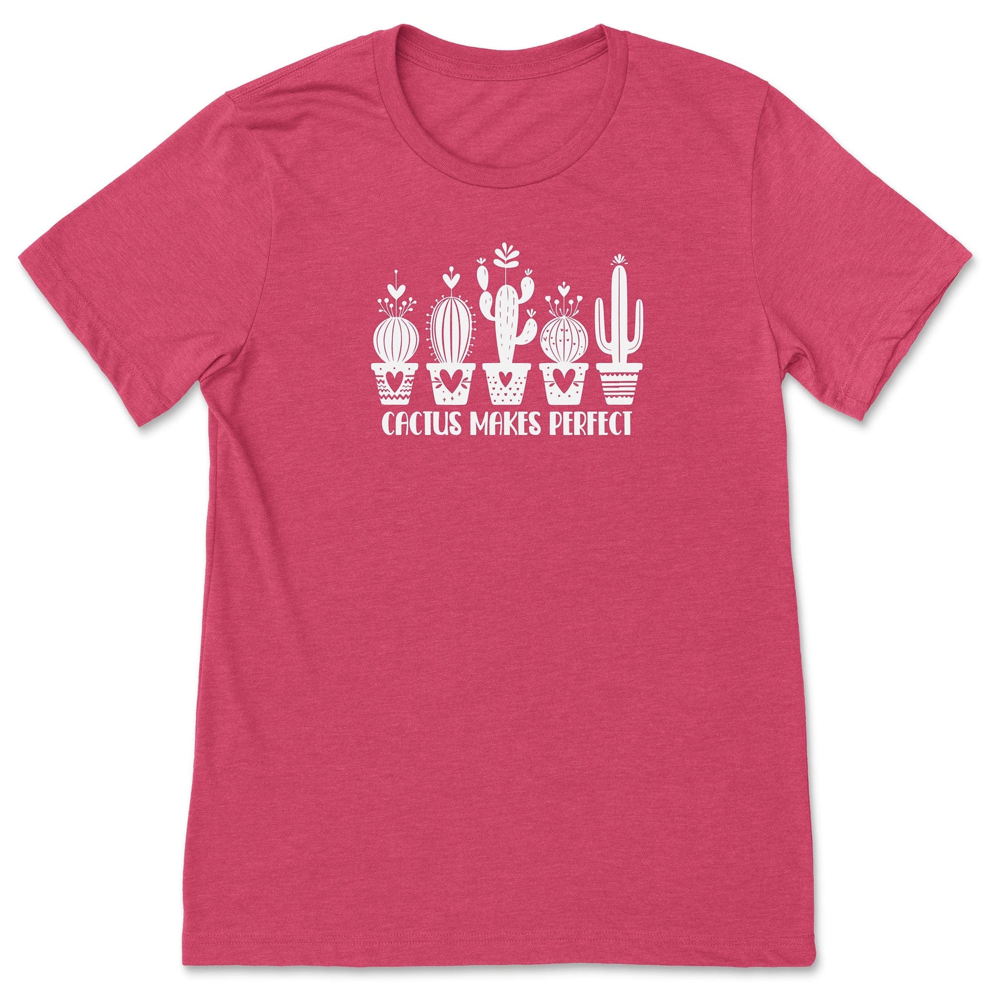 A dark pink, funny cactus t-shirt for plant lovers, that says "Cactus Makes Perfect."