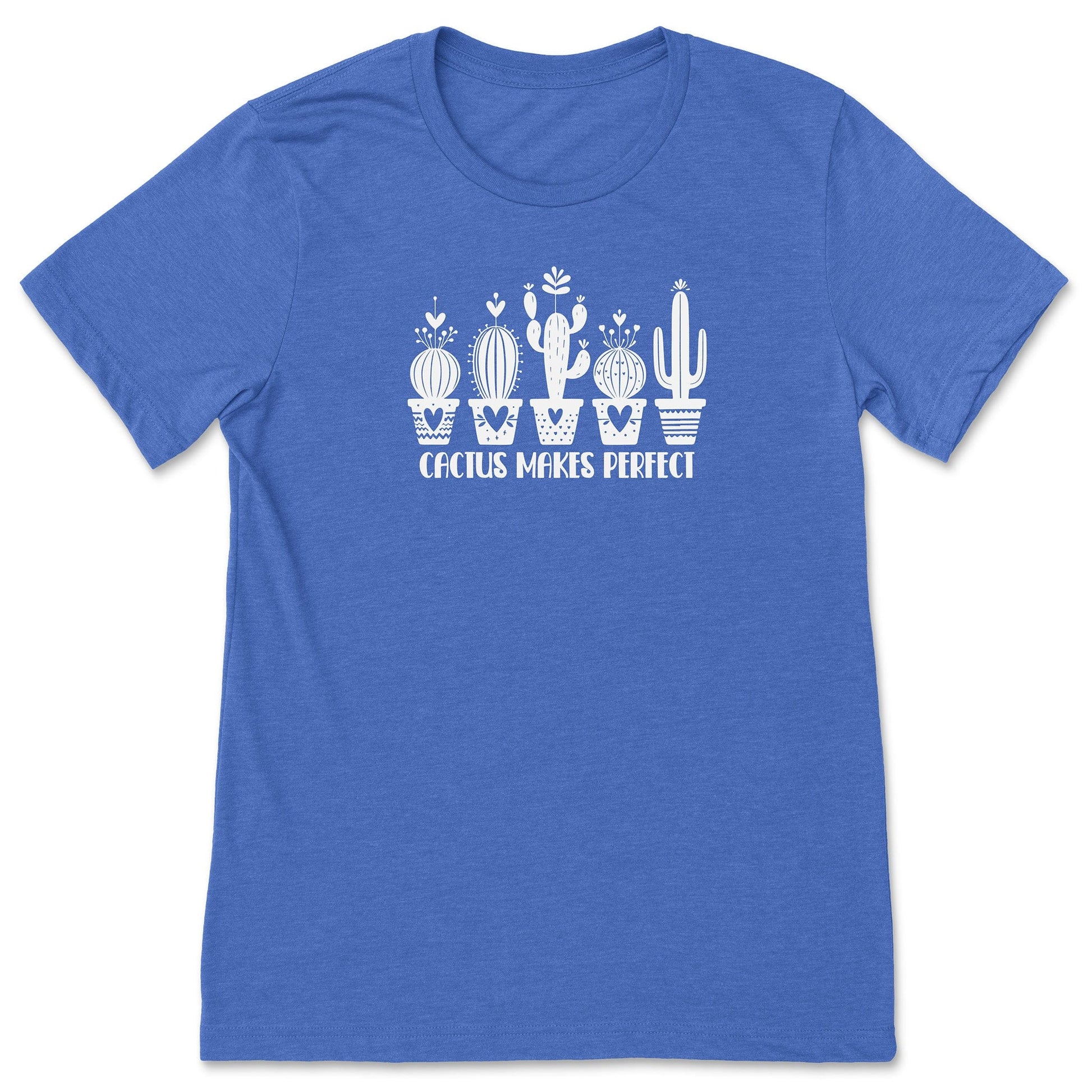 A royal blue, funny cactus t-shirt for plant lovers, that says "Cactus Makes Perfect."