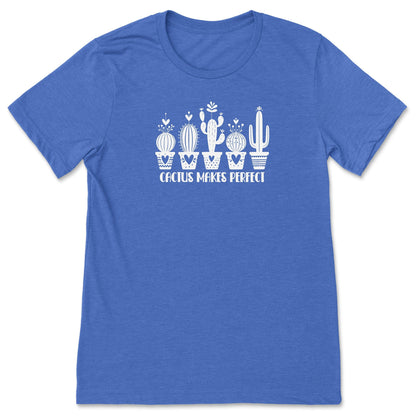 A royal blue, funny cactus t-shirt for plant lovers, that says "Cactus Makes Perfect."